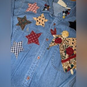 Vintage Homemade Denim Shirt with Star and Floral Patches